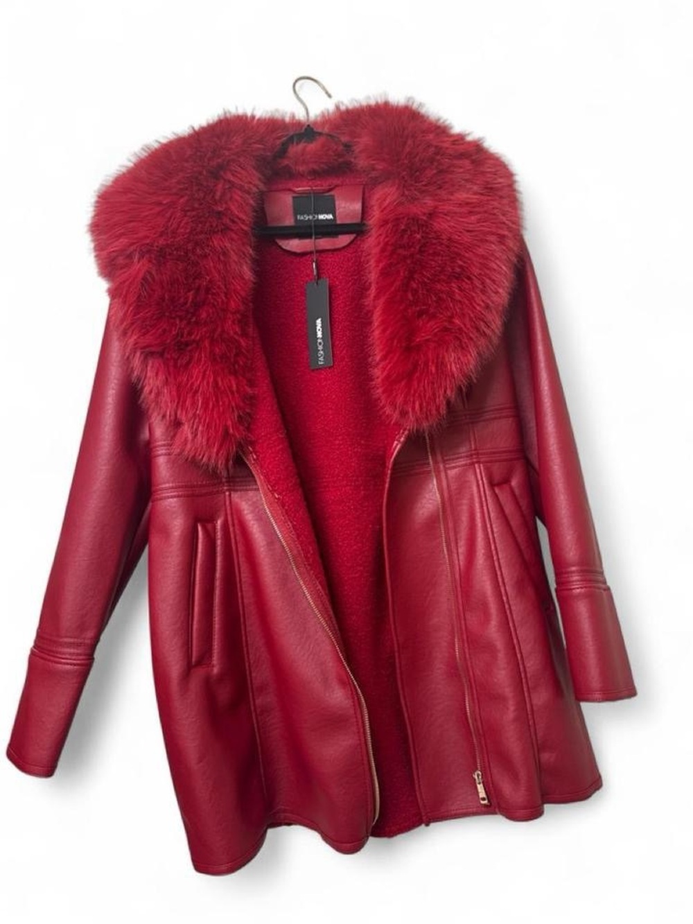 Fashion Nova Red Faux Leather Coat with Plush Collar